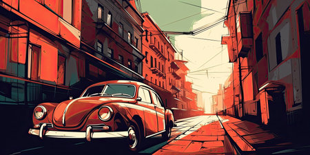 Trend illustration car in the city, interesting angle, vector style. AIの素材