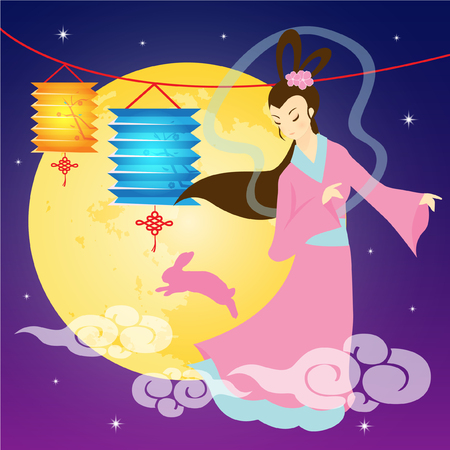 Vector Mid Autumn Festival Illustration of Chang'e, the Chinese Goddess of Moon. Caption. Mid Autumn Festivalのイラスト素材