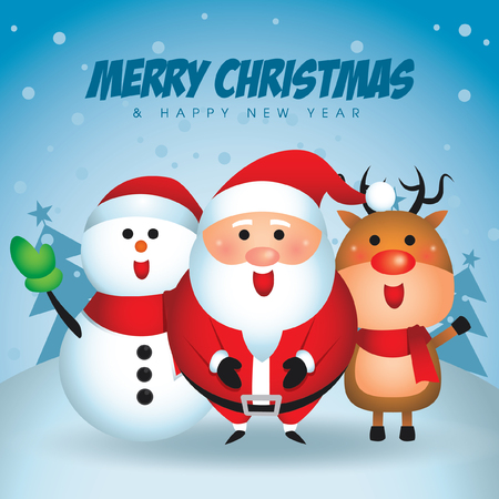 Merry Christmas companions with Santa Claus, Snowman and Reindeerのイラスト素材
