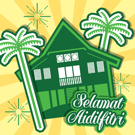 Hari Raya Aidilfitri vector illustration with traditional malay village house / Kampung. Caption: Fasting Day of Celebrationのイラスト素材