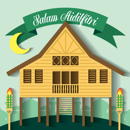Selamat Hari Raya Aidilfitri vector illustration with traditional malay village house / Kampung. Caption: Fasting Day of Celebrationのイラスト素材