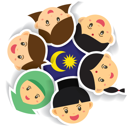 Malaysia National / Independence Day illustration. Cute cartoon character kids of Malay, Indian & Chinese hand in hand with Malaysia flag icon. 31 August, Merdeka.のイラスト素材