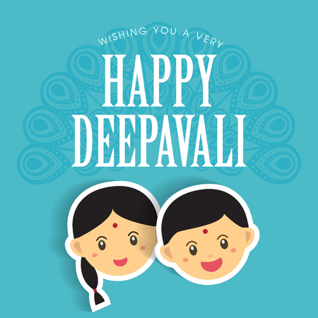 Diwali or Deepavali greetings template with cute indian boy and girl vector illustration.のイラスト素材