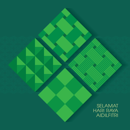 Selamat Hari Raya Aidilfitri vector illustration with ketupat with Islamic pattern as background. Caption: Fasting Day of Celebration