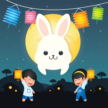 Mid autumn festival or Zhong Qiu Jie illustration of cute children playing lantern with bunny. Caption: full moon brings reunion to celebrate festival ; 15th august ; happy mid-autumnのイラスト素材