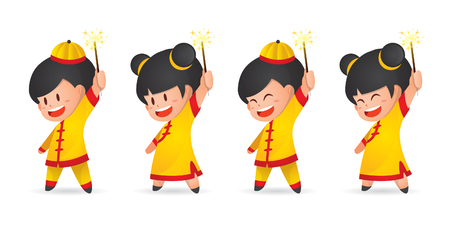 Cute cartoon Chinese New Year boy and girl having fun with sparklers, isolated on white. Chinese kids in flat vector illustration.のイラスト素材