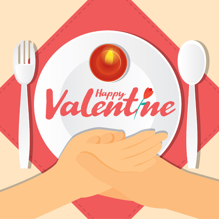 Valentines day romantic candle dinner with holding hand couple vector illustrationのイラスト素材