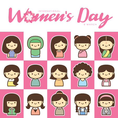 International Women's Day vector illustration with diverse group of women of different age, race and outfits.のイラスト素材