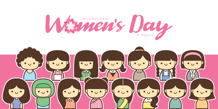 International Women's Day vector illustration with diverse group of women of different age, race and outfits.のイラスト素材