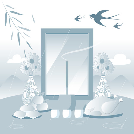 Qingming or Ching Ming festival, also known as Tomb-Sweeping Day in English, a traditional Chinese festival vector illustration.のイラスト素材