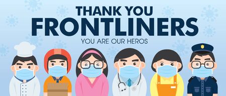 Thank you Frontliners who work for nation during coronavirus (covid-19) outbreak season. Cartoon doctor, nurse, police, military personnel, food servers, couriers & essential retailer flat design.のイラスト素材