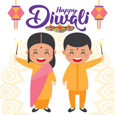 Diwali/Deepavali vector illustration with cute cartoon indian boy & girl holding firecracker to celebrating festival.のイラスト素材