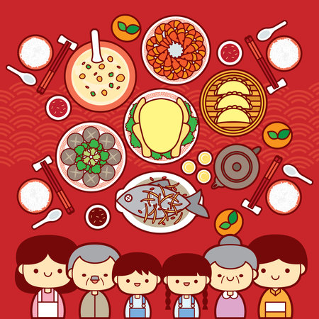 Chinese New Year Eve, Family Reunion Dinner Vector Illustration with traditional festival dishes.のイラスト素材