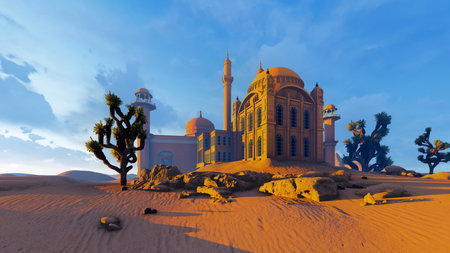 3D rendering of Islamic mosque and cactus in the desertの写真素材