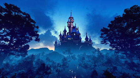 Magic castle in the misty forest. Fairytale landscape with castle.の写真素材