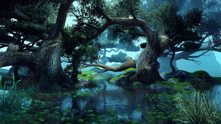 3D rendering of a fantasy landscape with a river and a treeの写真素材