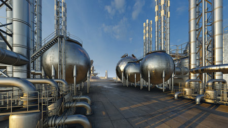 Oil refinery. Equipment for primary oil refining. 3D illustration.