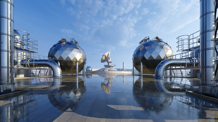 3D rendering of a modern factory with blue sky reflected in waterの写真素材