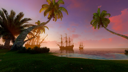 Tropical island with palm trees and sailing ship at sunset.の写真素材