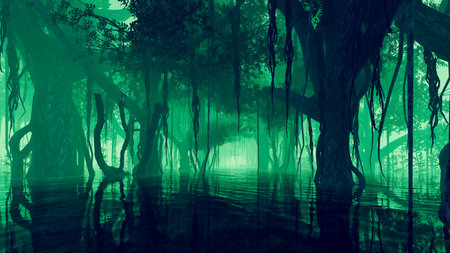 Fantasy forest with fog and water reflection. 3D illustration.の写真素材