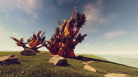 Dry tree on the hillside. 3D render illustration.