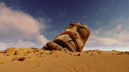 3D rendering of a wooden idol in the middle of the desertの写真素材