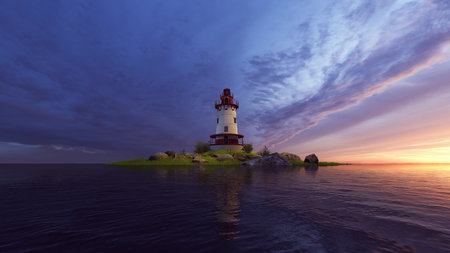 lighthouse on a small island in the sea at sunset 3d renderの写真素材
