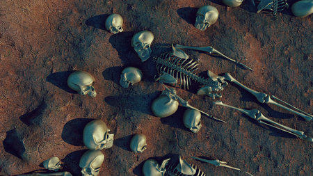 Human Skeleton on a Rock. 3D Rendering. Halloween Concept.の写真素材