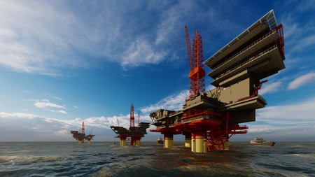Offshore construction platform for oil and gas production. 3D rendering