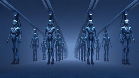 3D rendering of a group of robots in a dark corridor.の写真素材