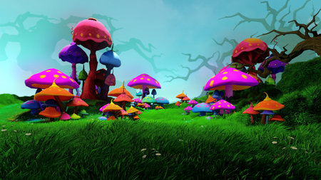 Fantasy landscape with mushrooms in the meadow. 3d renderの写真素材