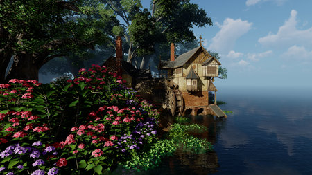 House in the middle of the water with flowers in the foreground.
