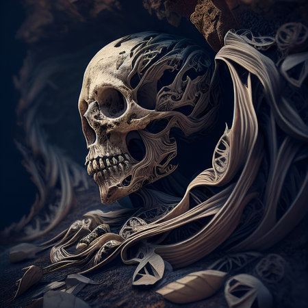 3d illustration of human skull over dark background. Halloween concept.の素材