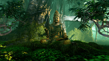 Buddha statue in the jungle. 3D render. Fantasy.の写真素材