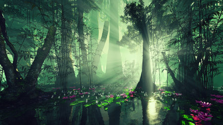 Fantasy forest with fog and pink flowers. 3D illustration.の写真素材