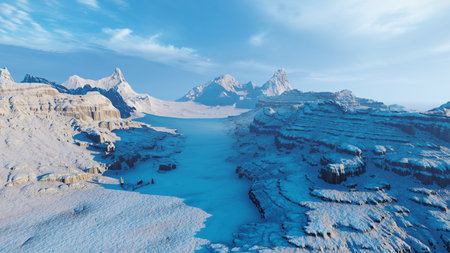 Fantasy alien planet. Mountain and lake. 3D illustration.の写真素材