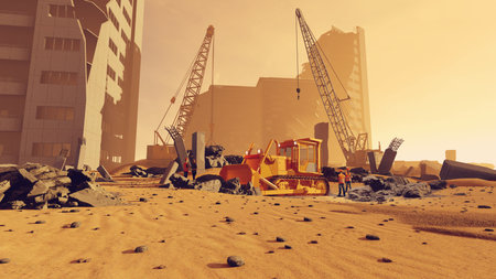 Construction site with cranes and excavator. 3D rendering.の写真素材
