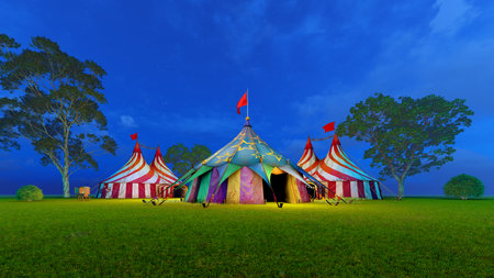 Circus tent on the grass in the evening. 3d render