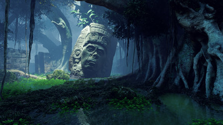 Fantasy scene with giant statue in the forest. 3D renderingの写真素材