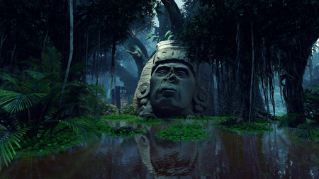 3D rendering of a giant stone statue in a jungle environment.の写真素材