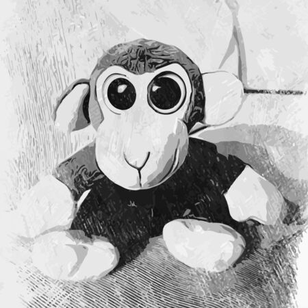 illustration of a monkey cartoon in white on blackの写真素材