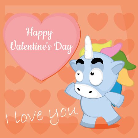 vector illustration of a cartoon unicorn trying to grab a heart with the text happy valentinesのイラスト素材