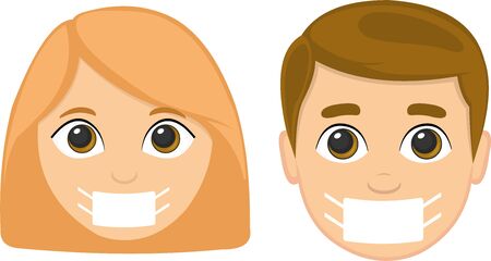 Vector illustration of the face of a woman and a man with a mask, to take care of the pandemicのイラスト素材