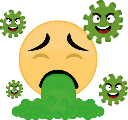 Vector illustration of emoticon vomiting, surrounded by covid-19 cartoon charactersのイラスト素材