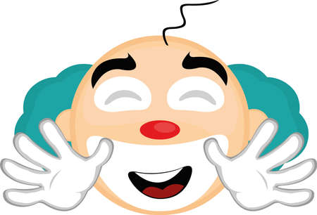 Vector emoticon illustration of the head of a cartoon clown with a happy expression and greeting with his handsのイラスト素材