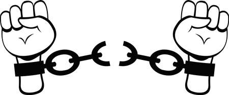 Vector illustration of a hands breaking chains, in black and white with drawn outlinesのイラスト素材