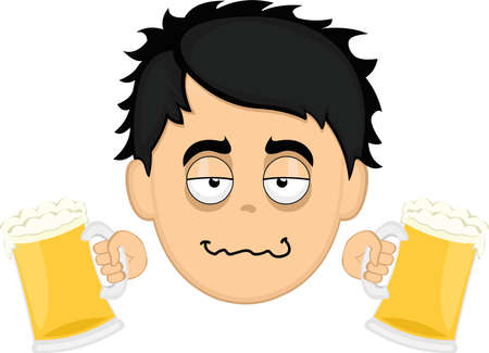 Vector illustration of the face of a drunk cartoon man with beers in his handsのイラスト素材