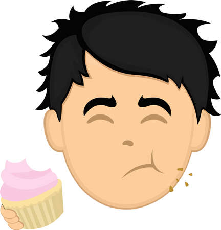 Vector illustration of a cartoon man's face eating a cupcakeのイラスト素材