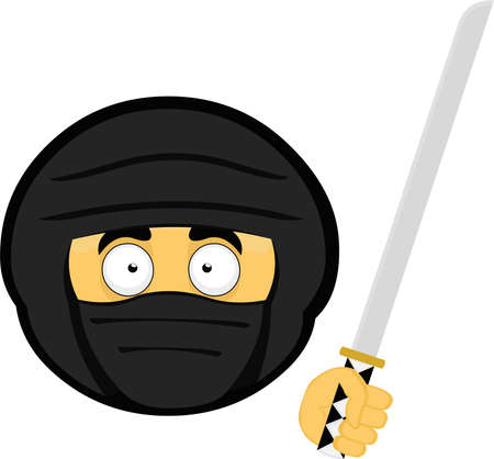Vector illustration of the head of a cartoon ninja character with a sword in his handのイラスト素材