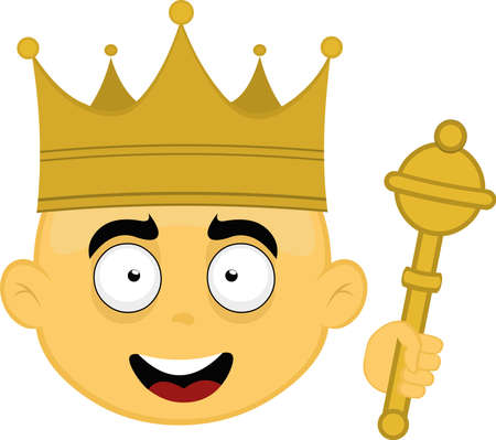 Vector illustration of a yellow cartoon character face with a king crown and scepterのイラスト素材